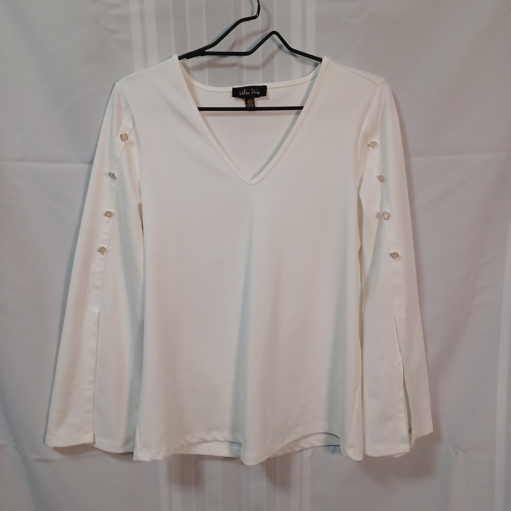 Melissa Paige Blouse Women S White V-Neck Split Sleeve Button Accent Stretch Top